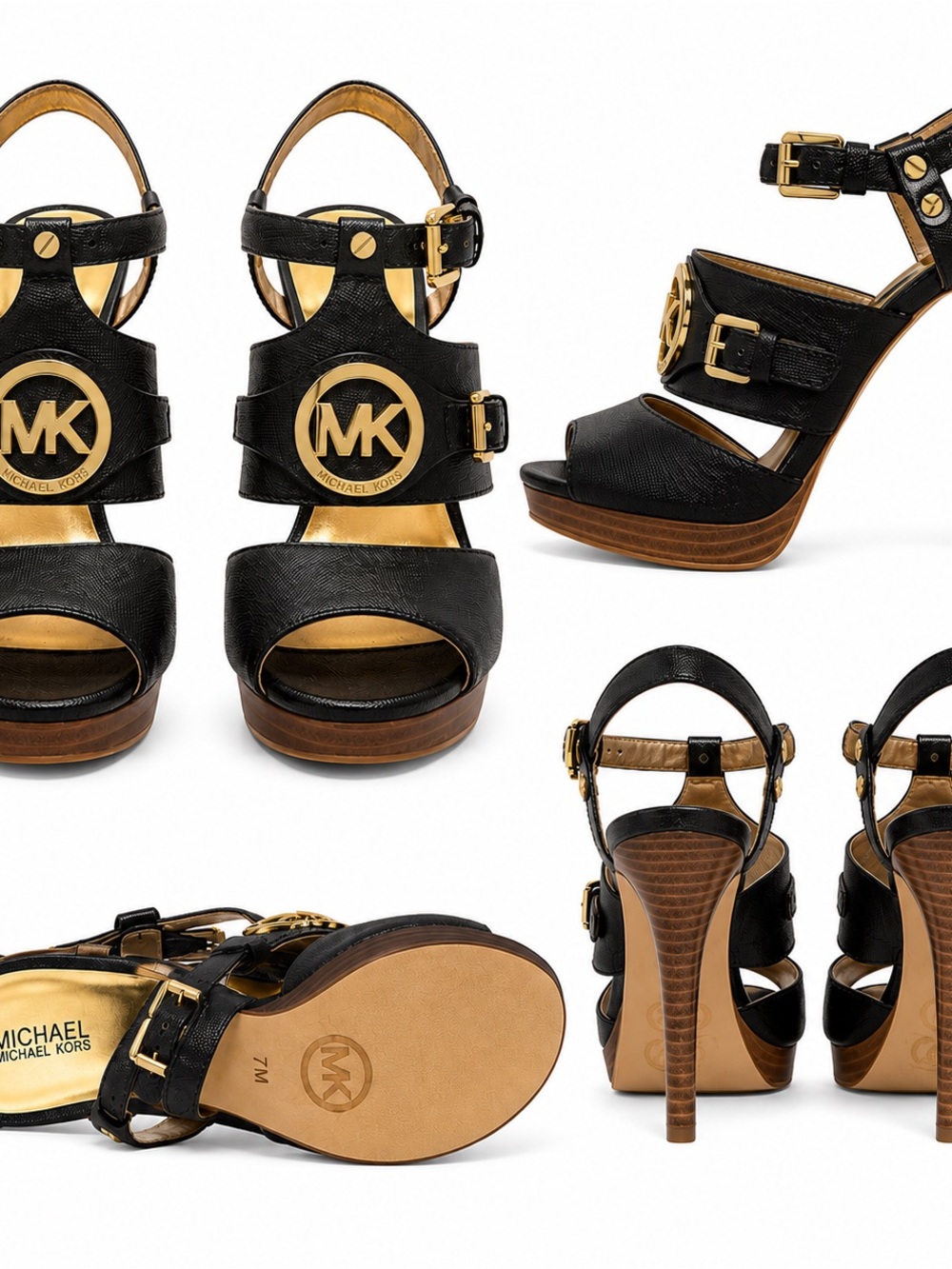 Michael Kors Black Leather Platform Heels with Gold MK Medallions